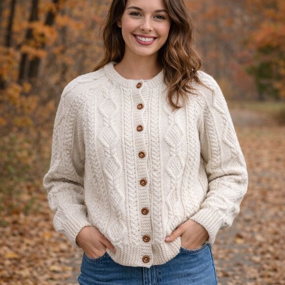 Pádraic O'Maille Traditional Wool Aran Cardigan Women's L / XL Made in Ireland - Picture 3 of 10